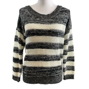 MINE Women's M Black & White Striped Open Weave Boat Neck Sweater